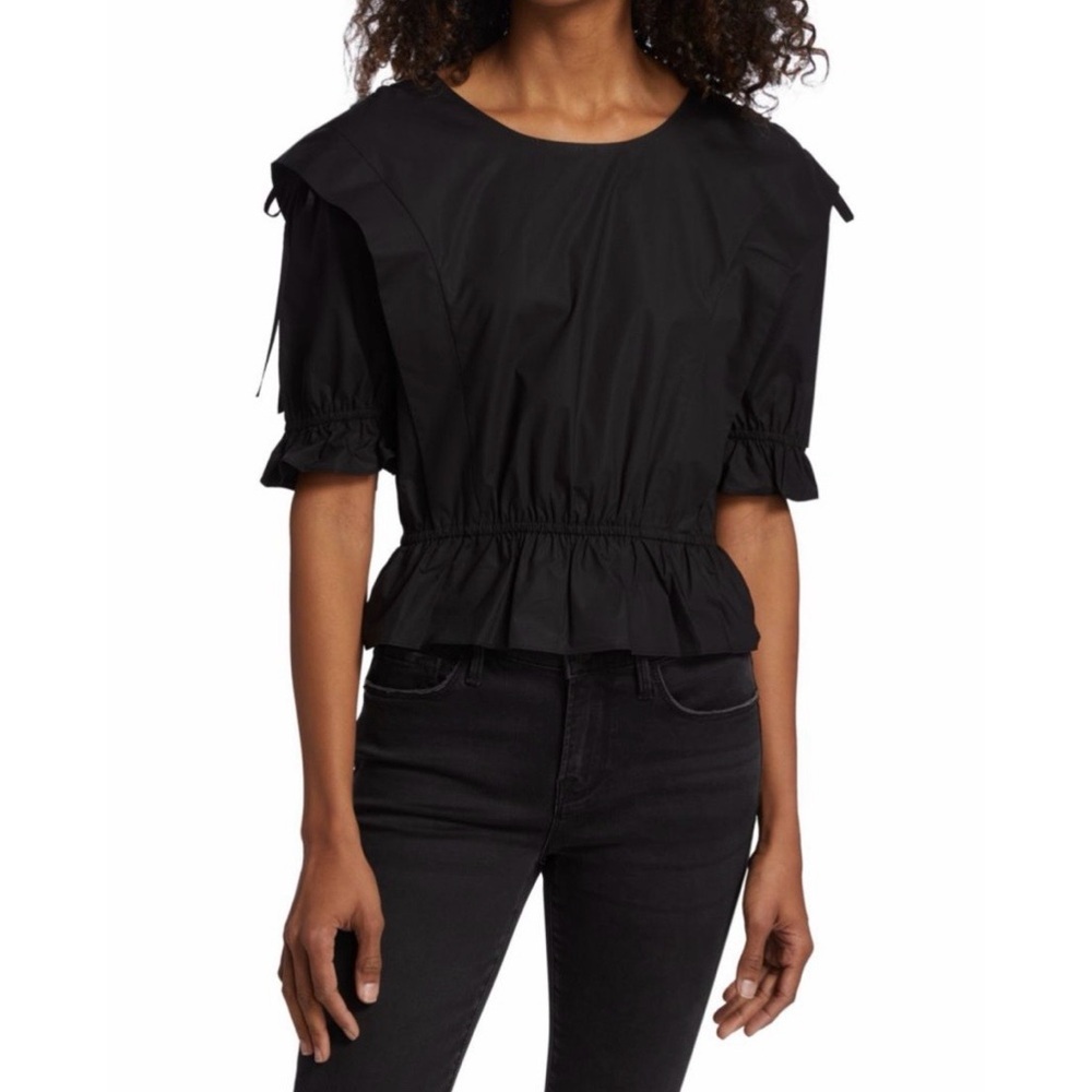 Frame Cinched Shoulder Tie Blouse Black Size Small Puff Sleeve Peplum Crop Top - Picture 4 of 5